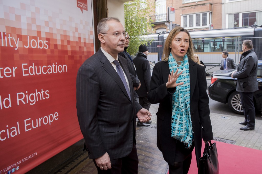 Brussels, Belgium 7 March 2016
PES pre-EU Council meeting.
Sergei Stanishev and Federica Mogherini.
Photo: Party of European Socialists