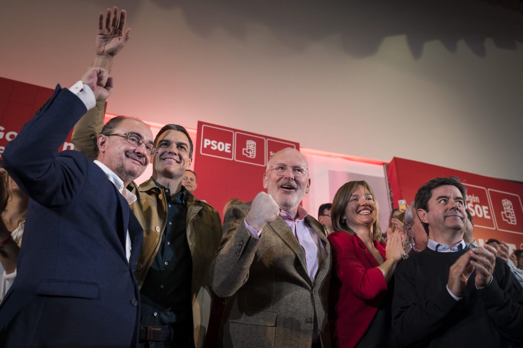 February 2nd, Spain, Saragossa, Frans Timmermans with Pedro Sanchez  in a rally in Saragossa
